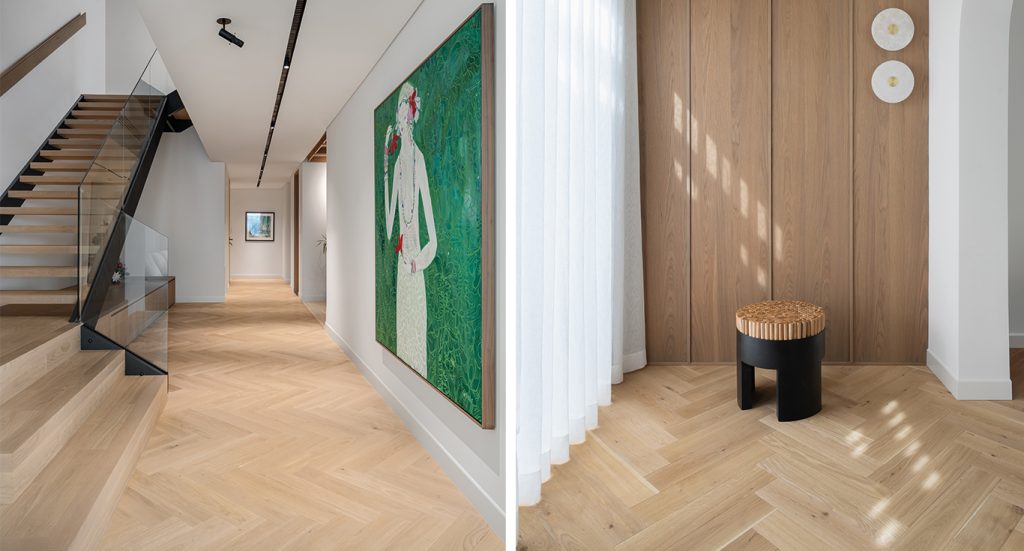 Sur La Mer townhouse, Jumeirah 1, where Kährs wood floors in pale oak and deep chocolate tones create a confident, layered interior.