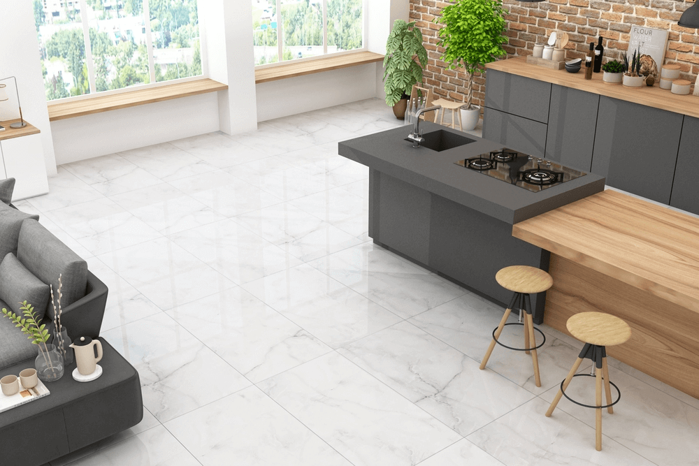 A marble-like kitchen flooring with ceramic or porcelain tile that brings a polished, elegant look to a modern cooking space.