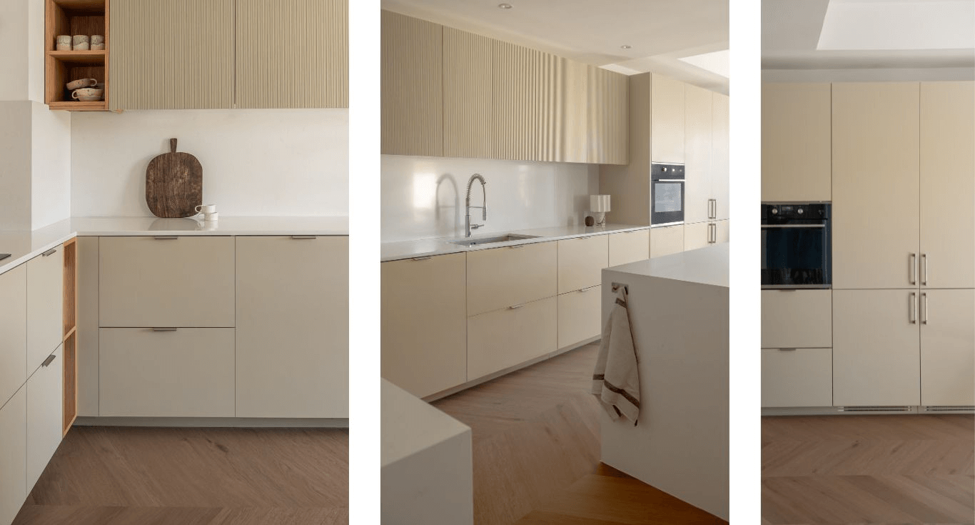 Kitchen design in Dubai, featuring LVT kitchen flooring in a chevron pattern that adds depth and character by Nordic Homeworx.