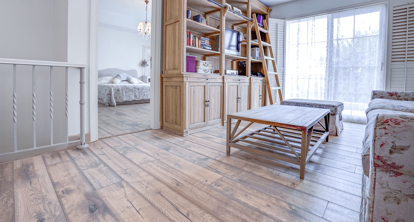 Shabby chic interiors at Mirador Villa in Dubai, enhanced by rustic Oak Danaborg wood floor texture, a work by Nordic Homeworx.