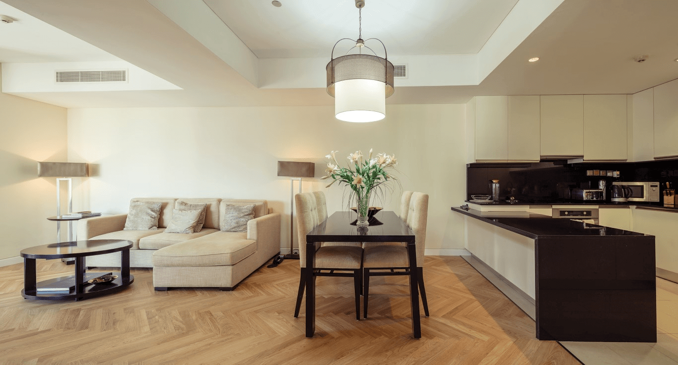 Elegant interiors in a Dubai Marina apartment with Herringbone wood floor texture from Nordic Homeworx with a contemporary décor.