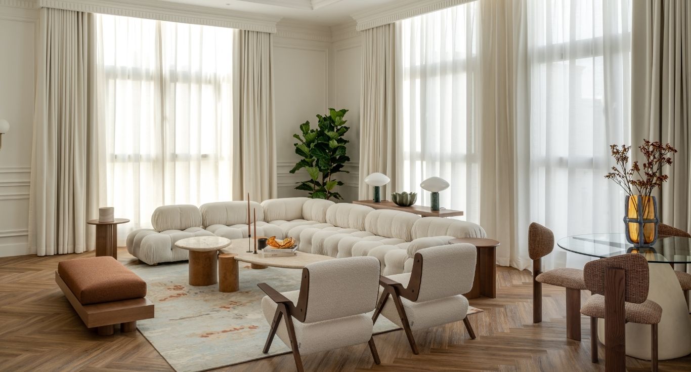 Mushrif Villa in Mushrif Park, Abu Dhabi, showcases a modern cosy living area with high-quality eco flooring from Nordic Homeworx.