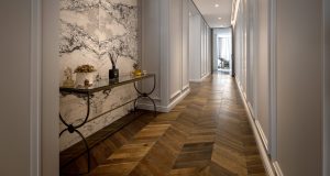Oak Chevron Dark Brown at a private Al Khawaneej villa, where rich smoked tones and a classic chevron pattern define the character of the space.