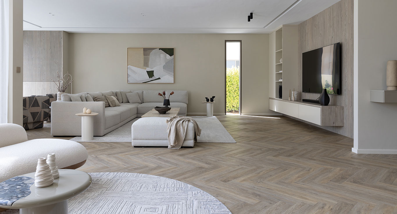 Golf Place Villa in Dubai Hills, with a sophisticated living space featuring stunning parquet flooring by Nordic Homeworx