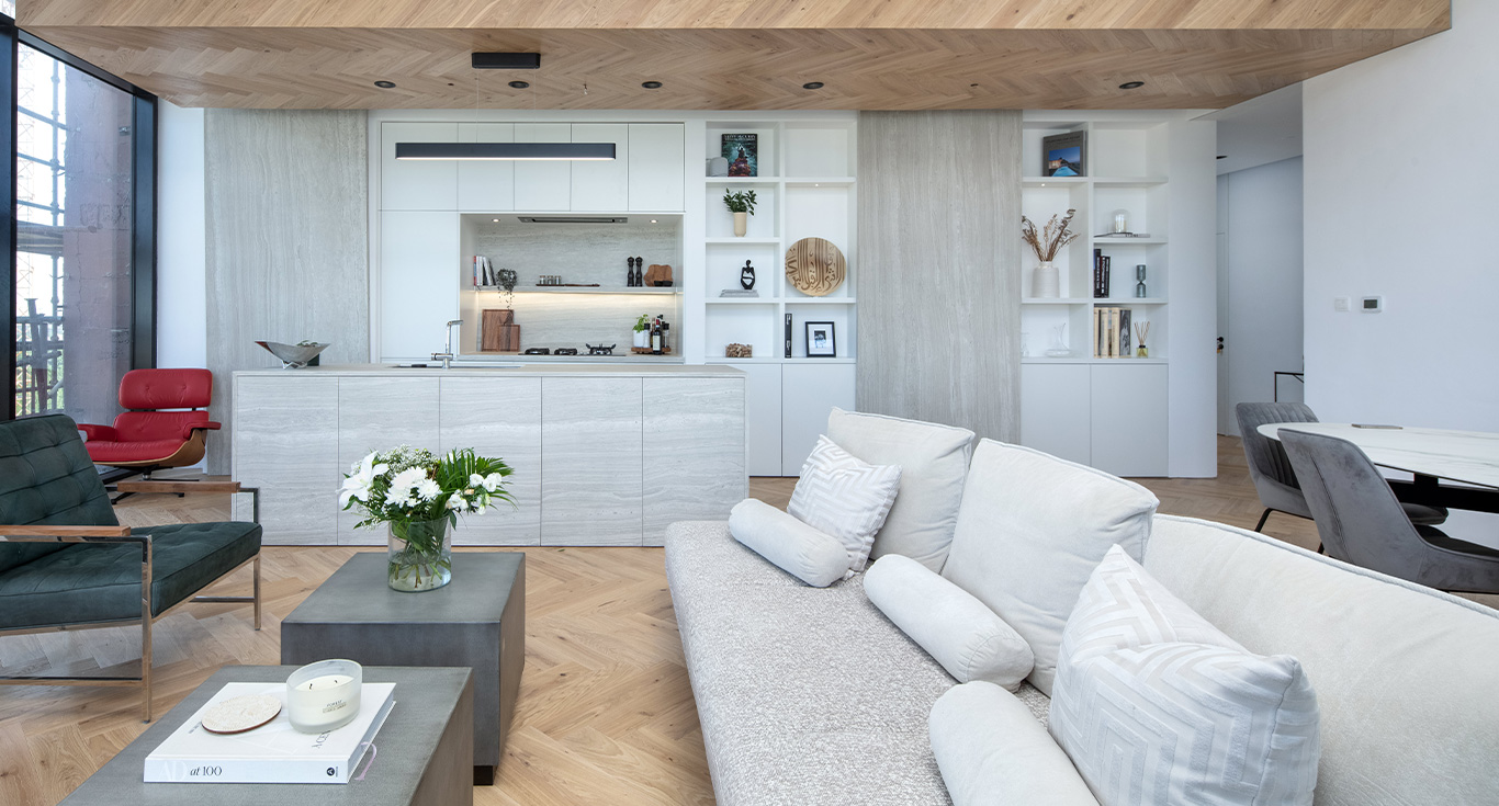 KOA Canvas Residences, with a comfortable living area featuring inviting and cozy parquet flooring by Nordic Homeworx