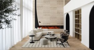 Sterling Tower Penthouse Business Bay Oak Herringbone paired with a soft rug to define the living space.
