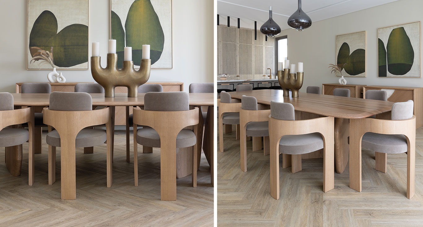 A minimalist interior design in the dining area of Golf Place Villa, Dubai Hills, with sophisticated flooring by Nordic Homeworx.