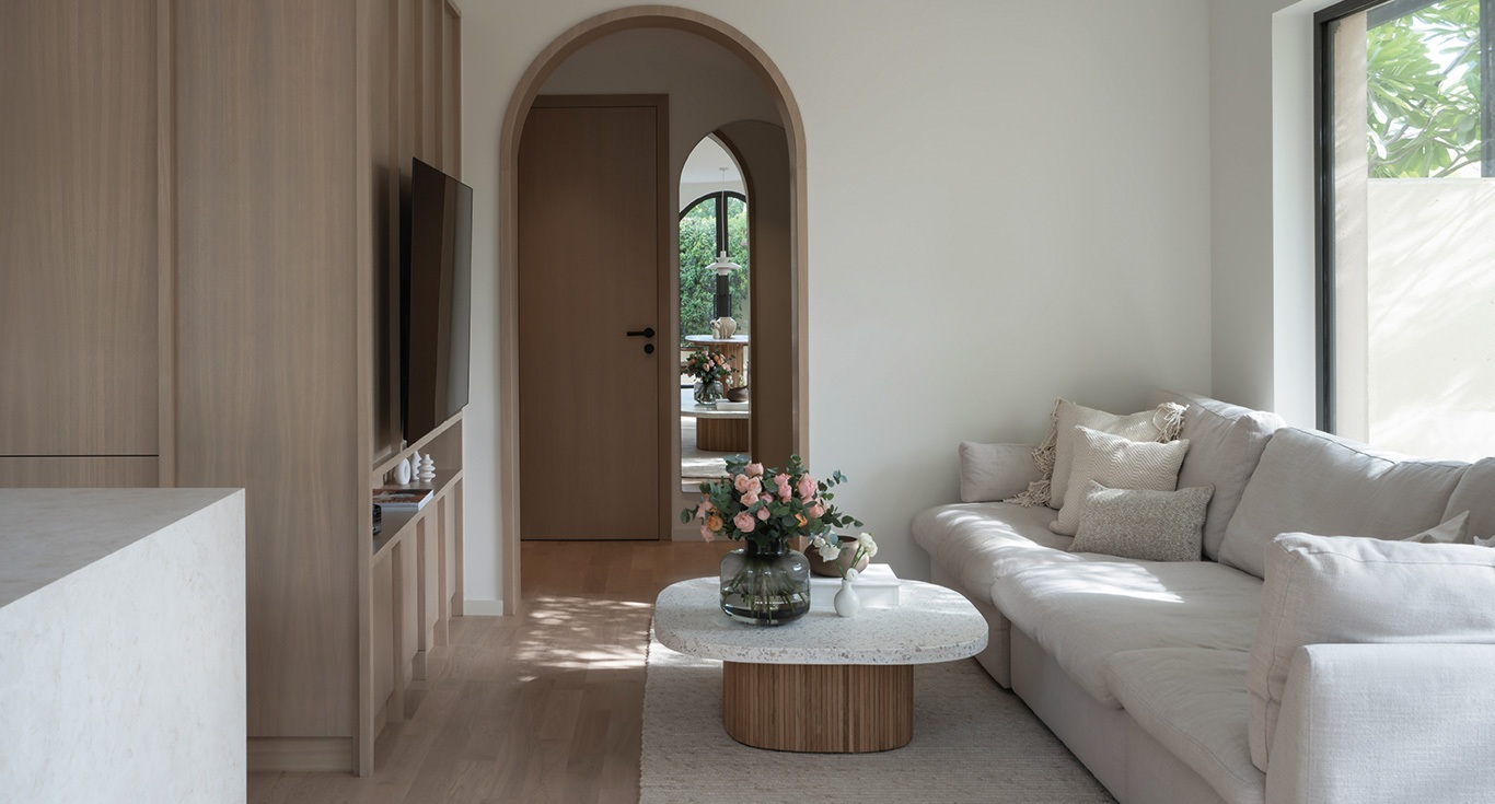 At Springs Townhouse in Dubai, with a minimalist interior design, features classic wood flooring by Nordic Homeworx.