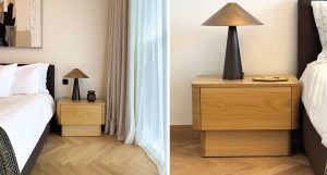 Studio Oak AB White herringbone flooring in an Emaar Beachfront apartment, combining natural wood with an eco-conscious material choice.