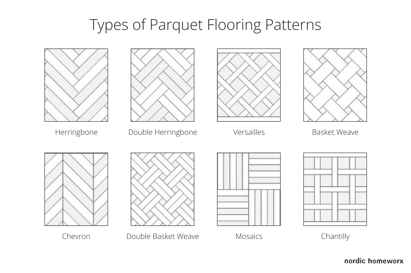 Types of parquet flooring patterns: Herringbone, Double Herringbone, Chevron, Versailles, Basket Weave, Mosaics, Chantilly.