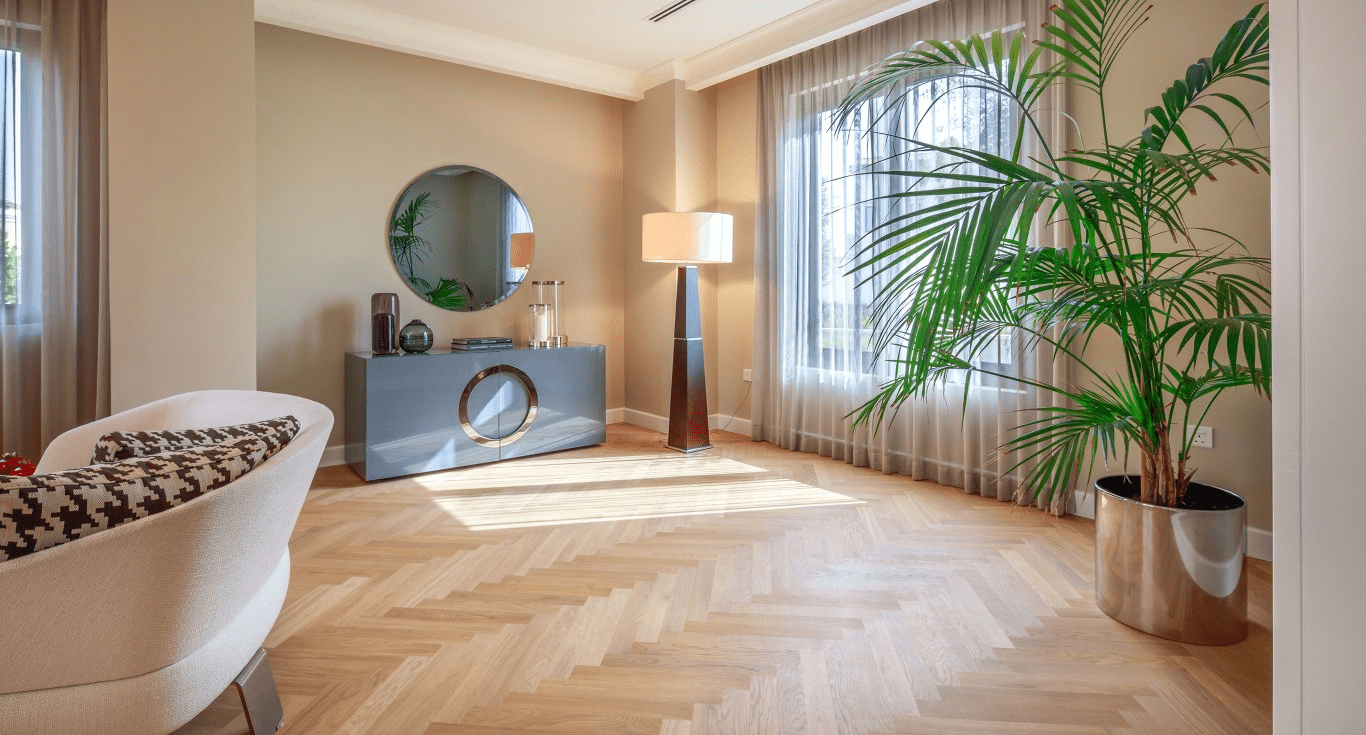 Parquet flooring restoration in Rosa Villa, Dubai, featuring Studio Oak AB White Herringbone wood floors by Nordic Homeworx