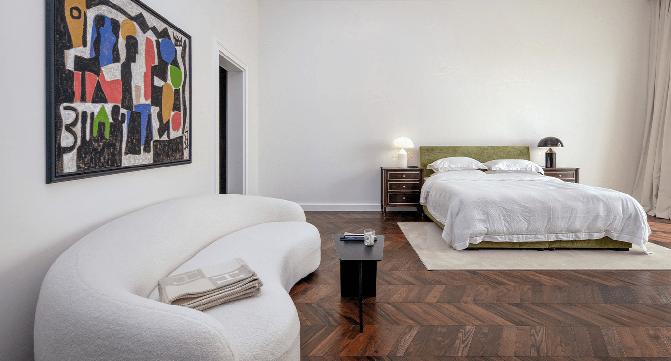 Bedroom view at Al Falah Villa with parquet flooring restoration for stylish and durable Kährs wood floors by Nordic Homeworx.