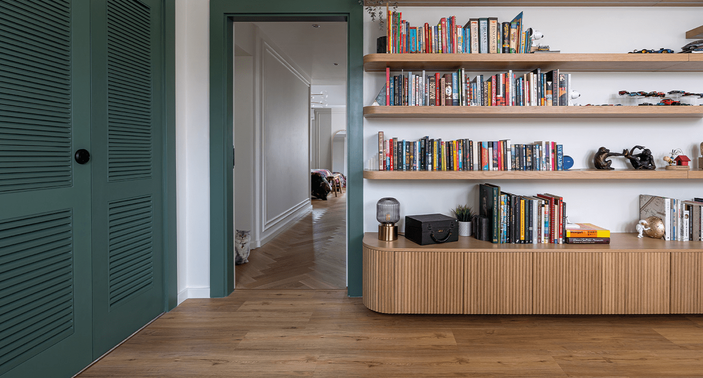Alvorada Villa, Dubai, featuring elegant Herringbone Oak wood parquet flooring with by Nordic Homeworx, adding warmth and texture.