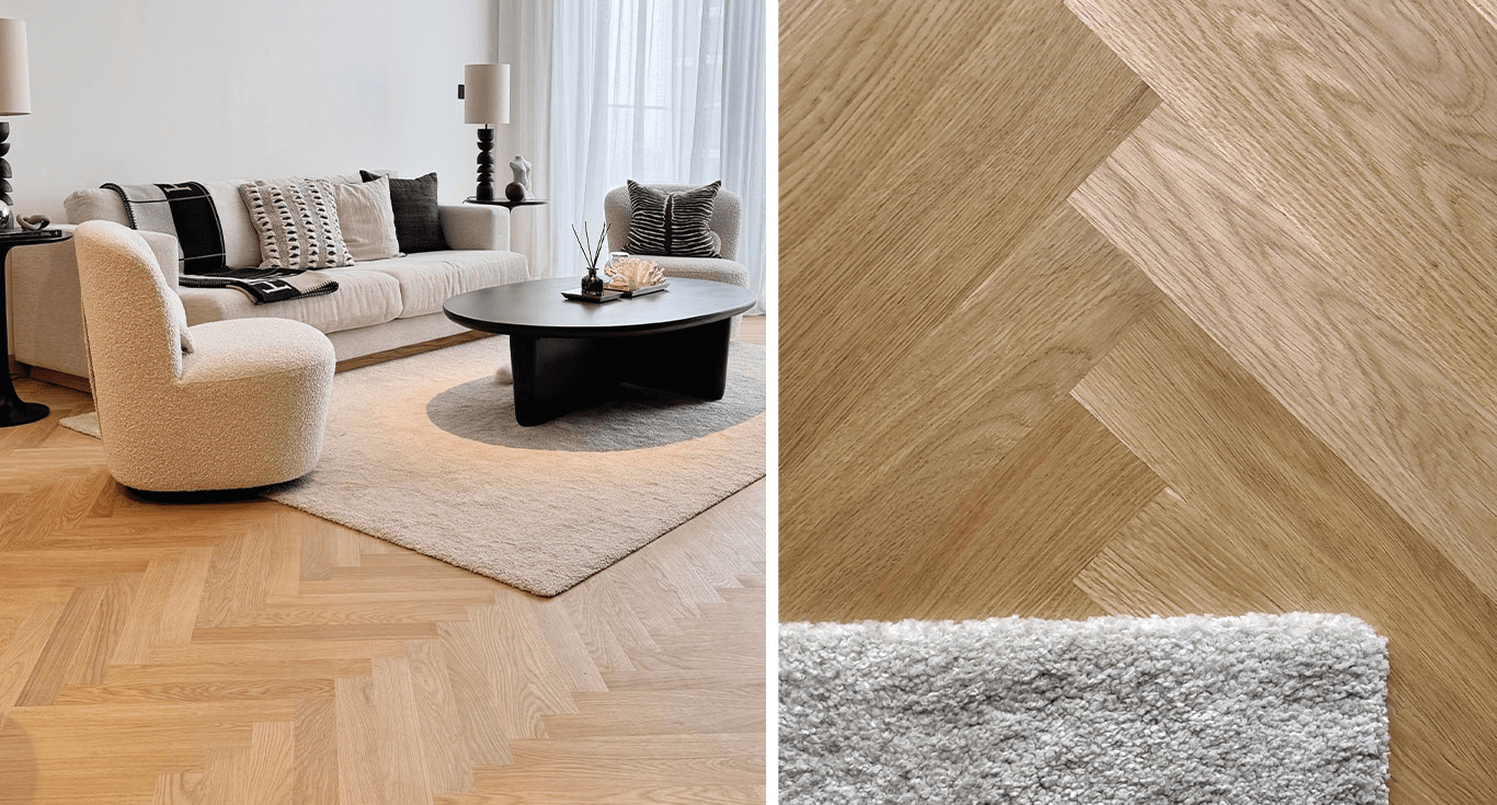 An Apartment showcases Studio Oak AB White herringbone flooring. Learn the best way to clean hardwood floors with Nordic Homeworx.