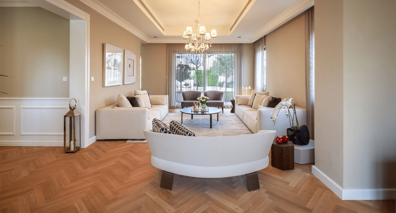 Herringbone flooring enhances refined elegance and comfort at a Villa in Dubai, showcasing home flooring design by Nordic Homeworx