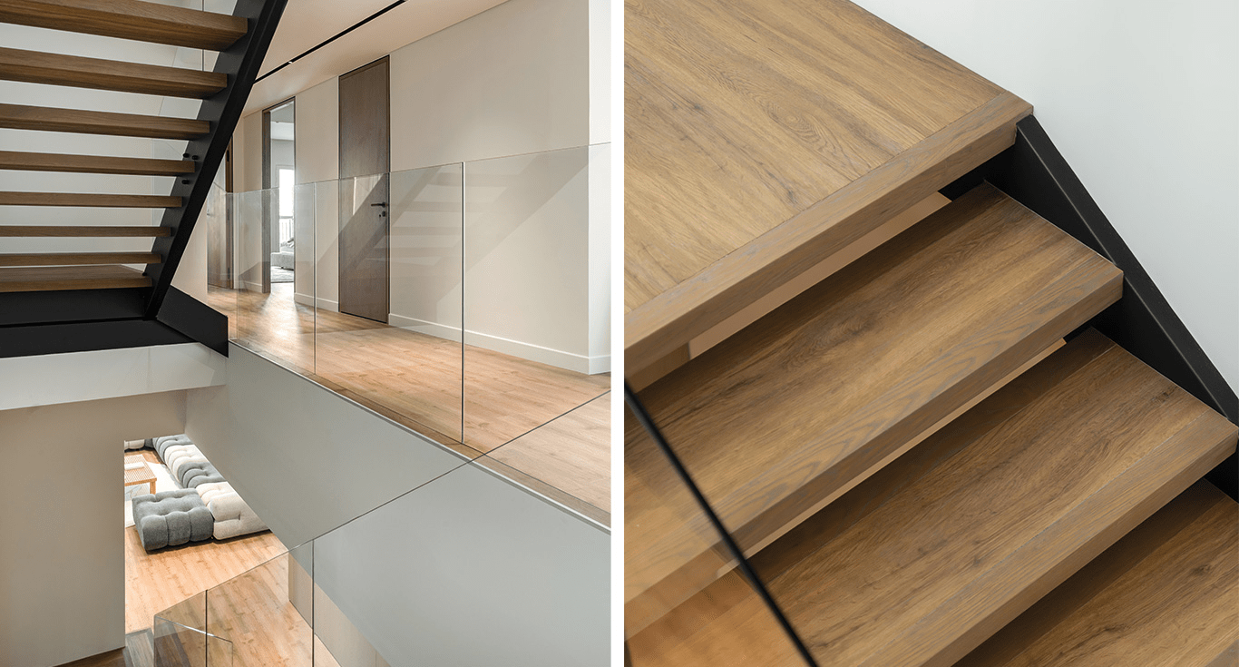 Redwood LVT staircase adds rustic character and visual warmth at Sur La Mer Townhouse in Jumeirah 1, Dubai by Nordic Homeworx.