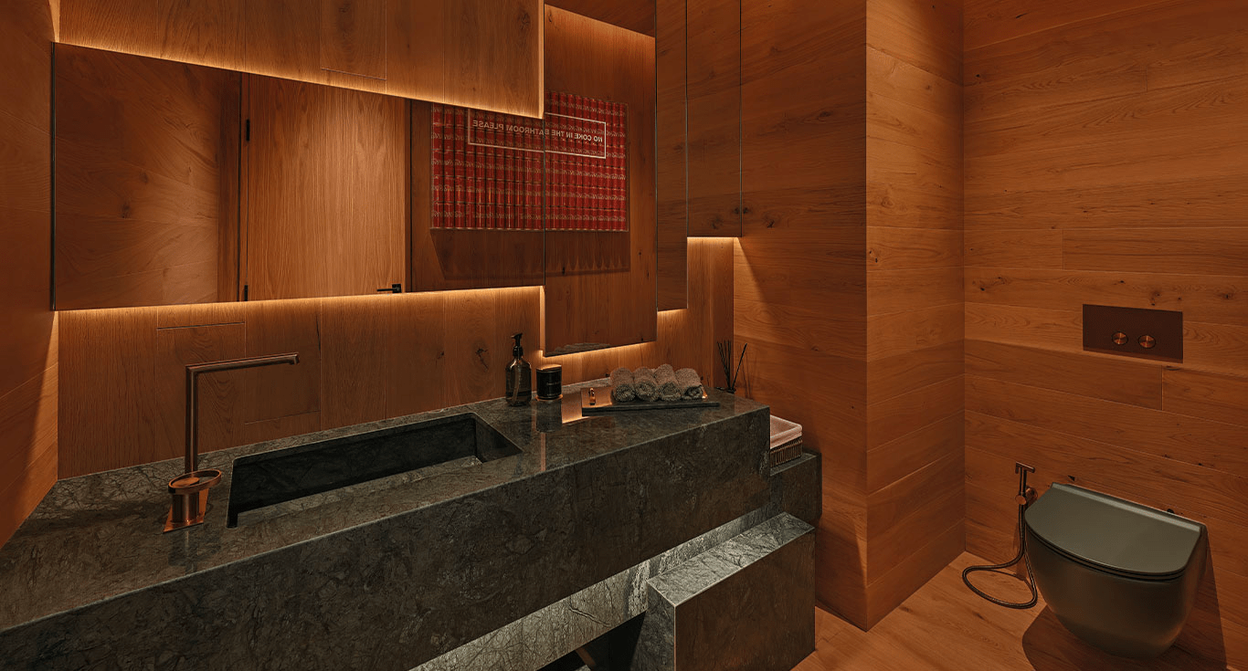 Oak flooring enhances the penthouse bathroom in Dubai, with depth, elegance, and artistic home flooring design by Nordic Homeworx.