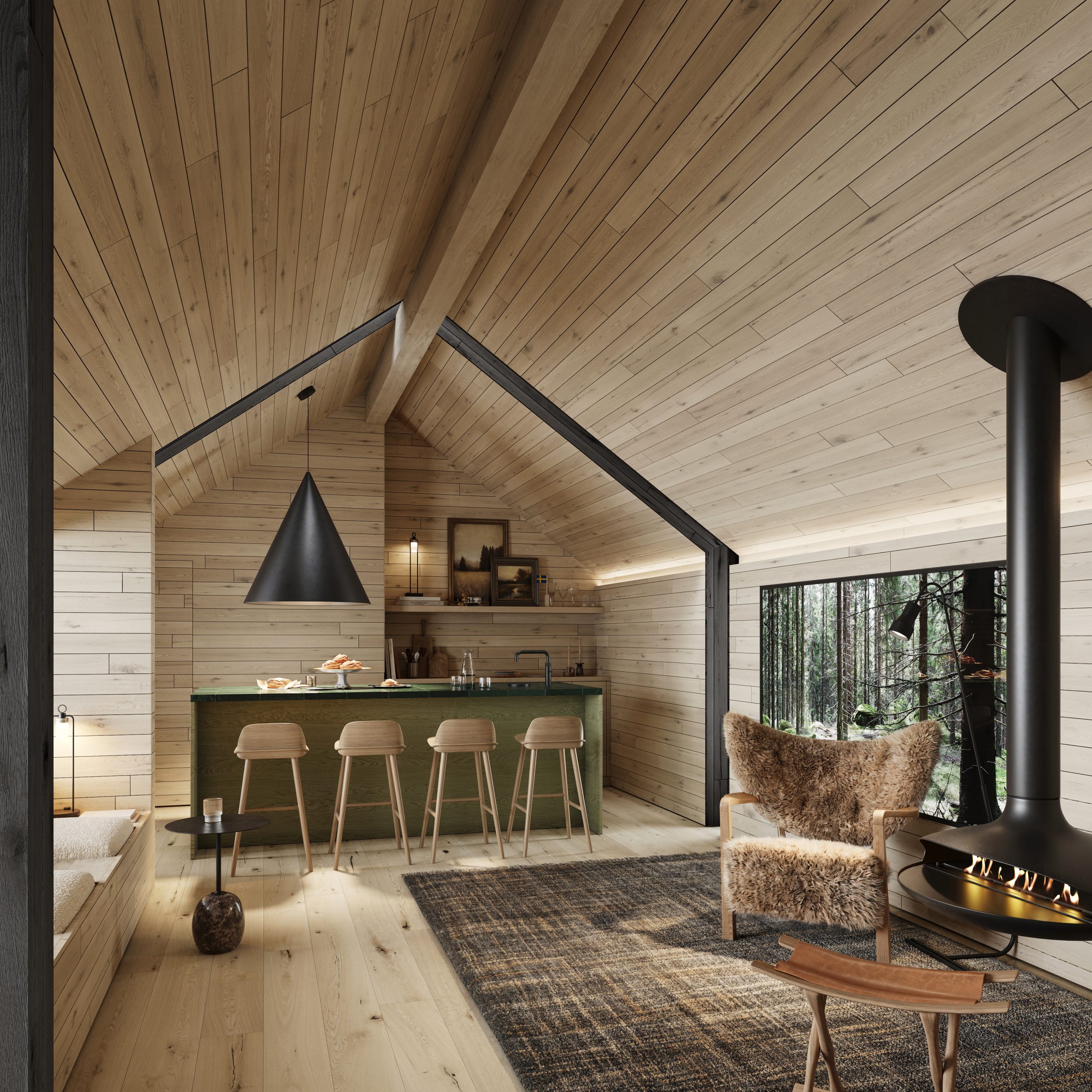 Cosy cabin interior at Dubai Downtown Design by Nordic Homeworx with wood textures, natural light, and a welcoming atmosphere