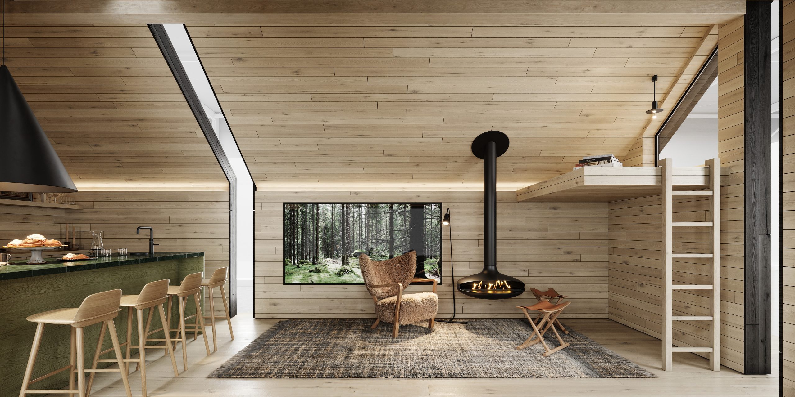 Interior view of the Nordic Cabin at Downtown Design by Nordic Homeworx showcasing warm Urban Brown wood flooring and textures.