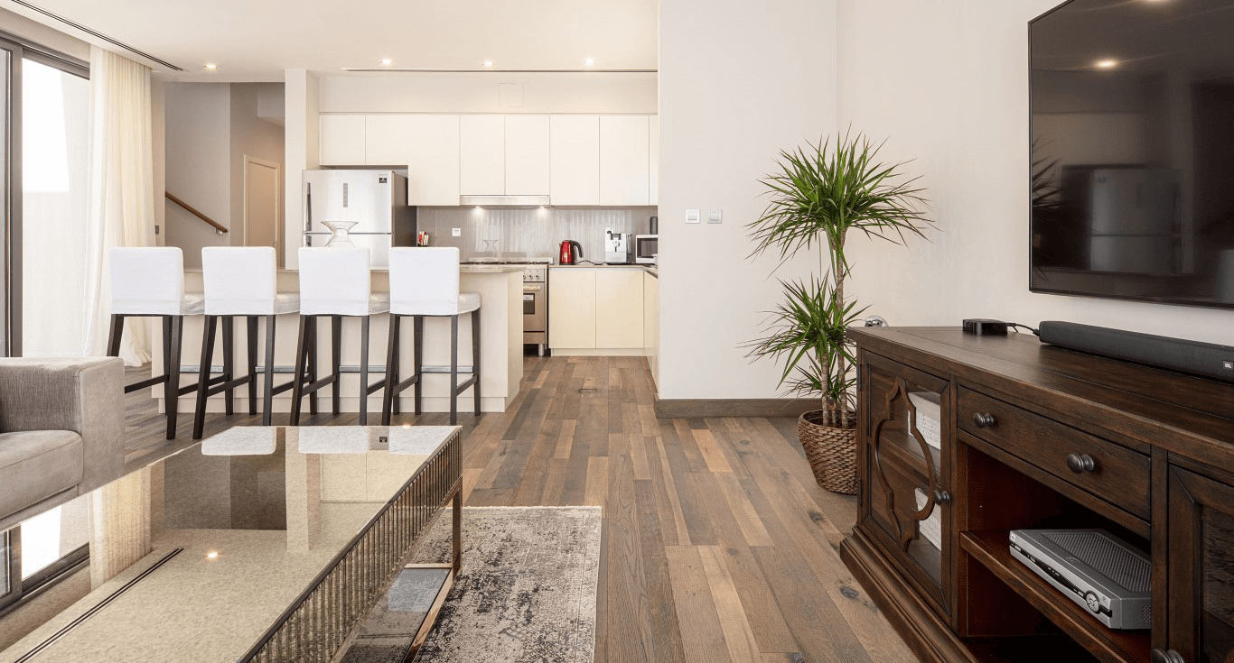 Modern 3-bedroom Sidra Villa in Dubai Hills Estate, featuring rustic Kährs floors with a vintage wood colour by Nordic Homeworx.