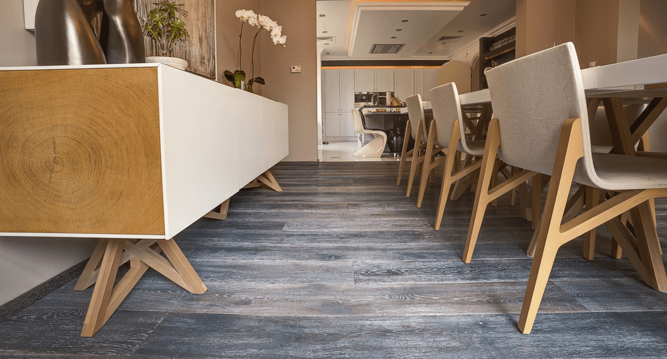 Contemporary arabesque interiors in Dubai, featuring cosy grey-blue Kährs Oak Slate wood colour flooring by Nordic Homeworx.