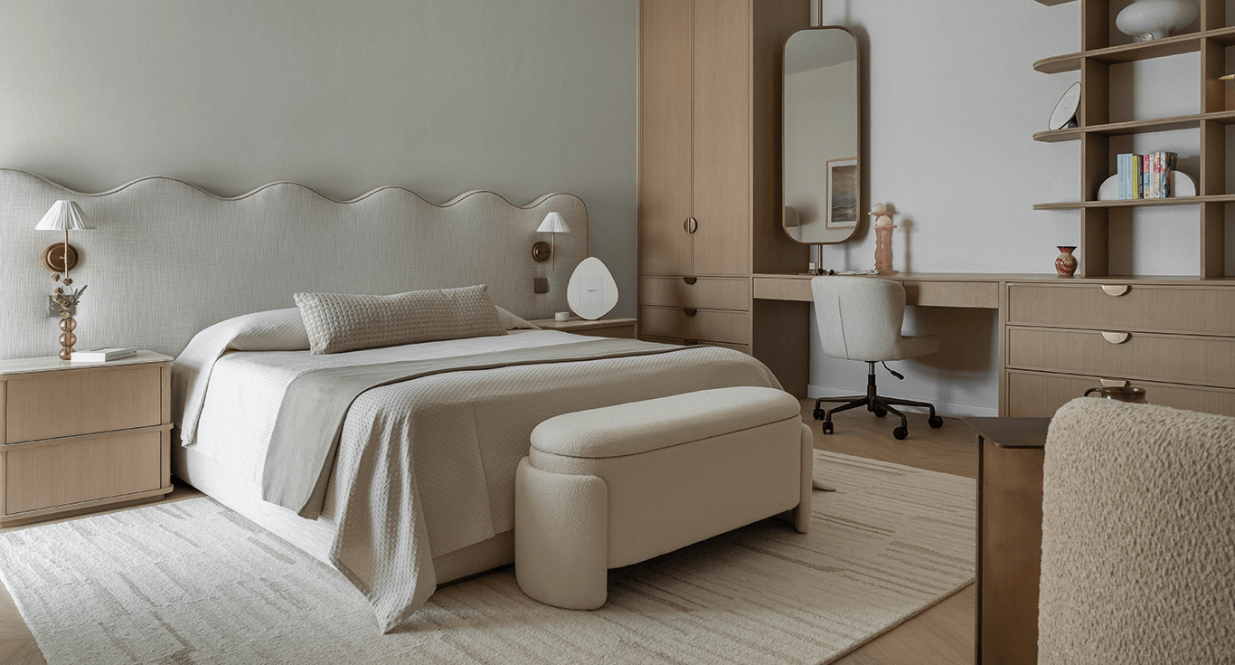 Contemporary flooring interior in Dubai, designed by Nordic Homeworx, features Chevron flooring in soft blonde wood colour.