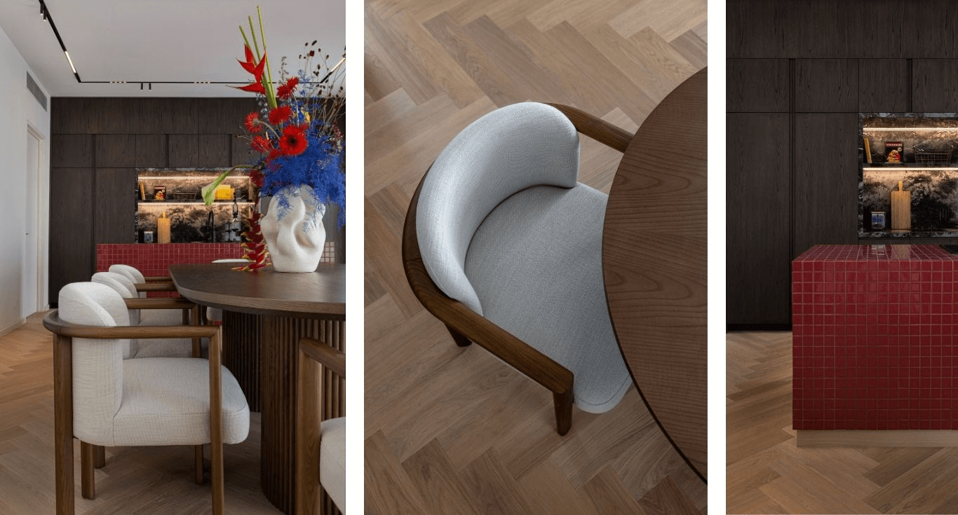 White flooring by Nordic Homeworx, in an apartment in Dubai, creates a balanced contrast with the dark wood colour interiors.