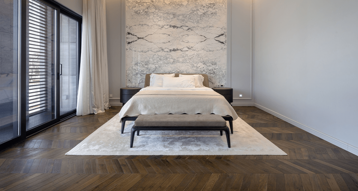 Fully refurbished villa in Dubai, featuring smoked chocolate-brown engineered chevron wood colour floor from Nordic Homeworx.