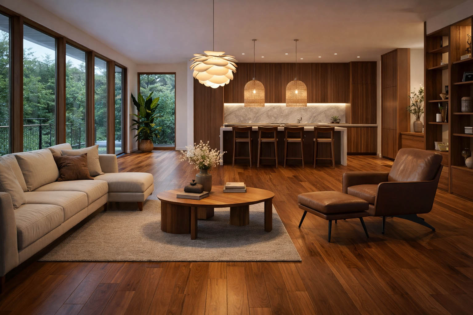 A modern open-plan living room and kitchen with teak wood flooring and warm, natural finishes throughout the interior.