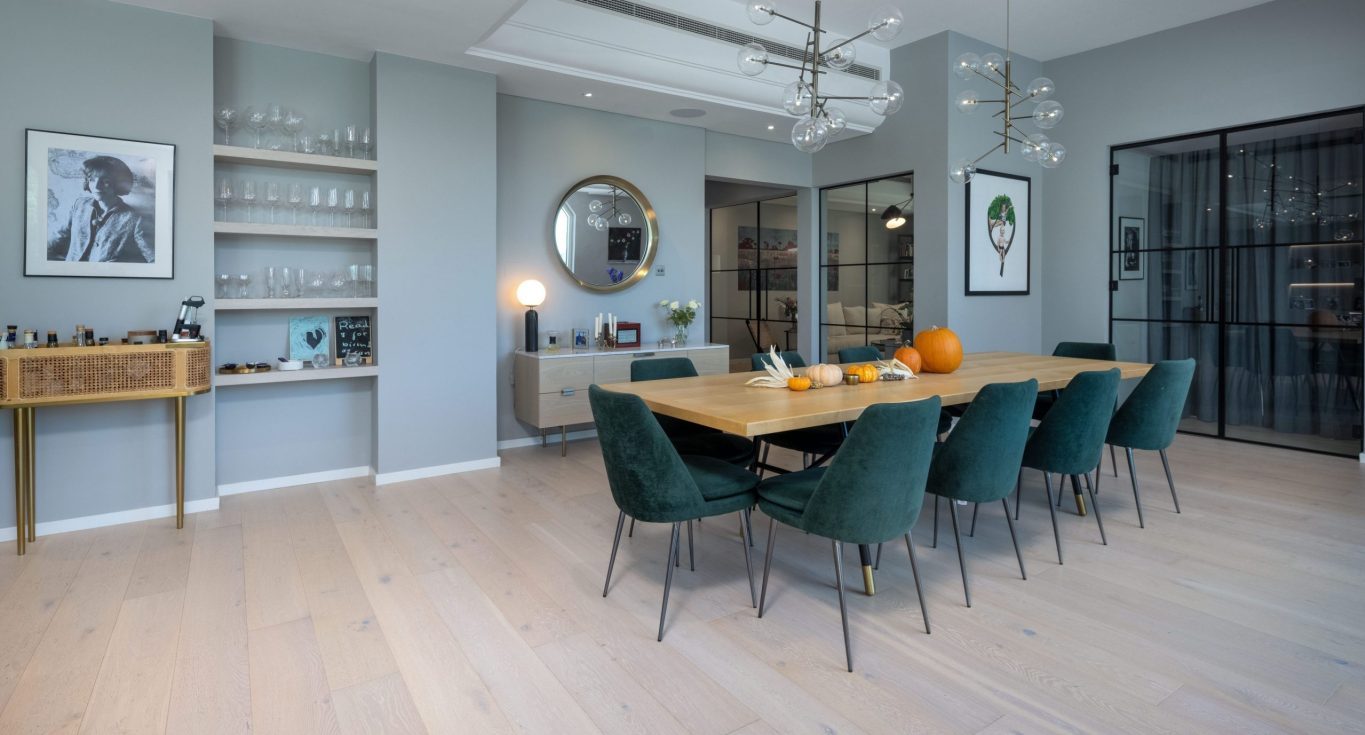 Kährs Oak wood flooring types that set a calm, light-filled tone in this villa in Victory Heights, Dubai.