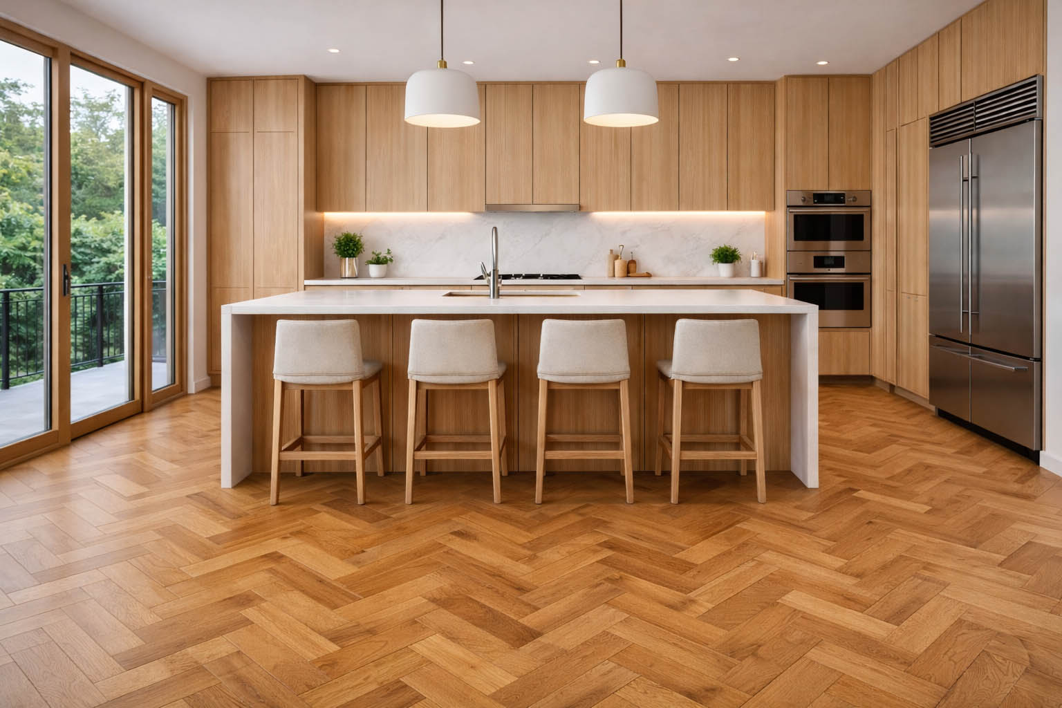 A modern kitchen area with teak wood parquet flooring, with a large island, four barstools, kitchen appliances, and large windows.