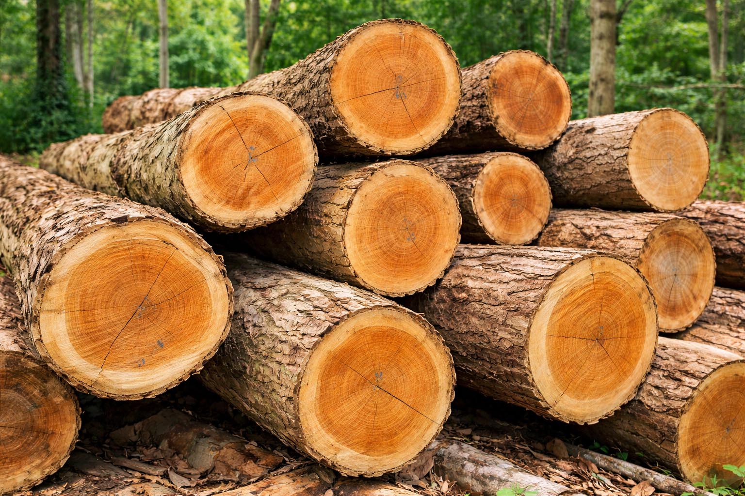 A stack of teak wood logs with visible growth rings stored on the ground in a forest setting.
