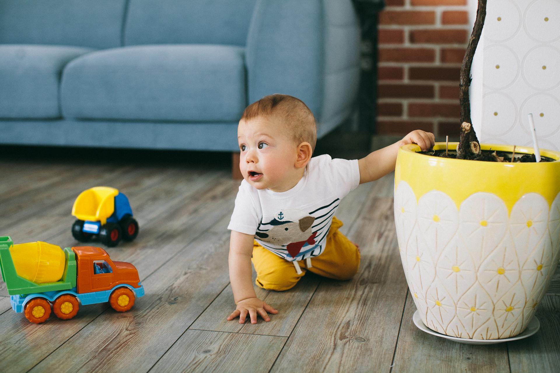 A toddler is crawling on the floor, showing the natural comfort and family use of different wood flooring types.