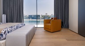 Kährs Oak Paris and Oak Sorrento floating floorboards define the bedrooms, hallways, and gym of Frond Villa, Palm Jumeirah, Dubai.