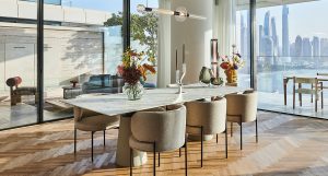 Kährs Studio Oak AB White Oil herringbone floors bring warmth and texture to One at Palm Jumeirah Penthouse.