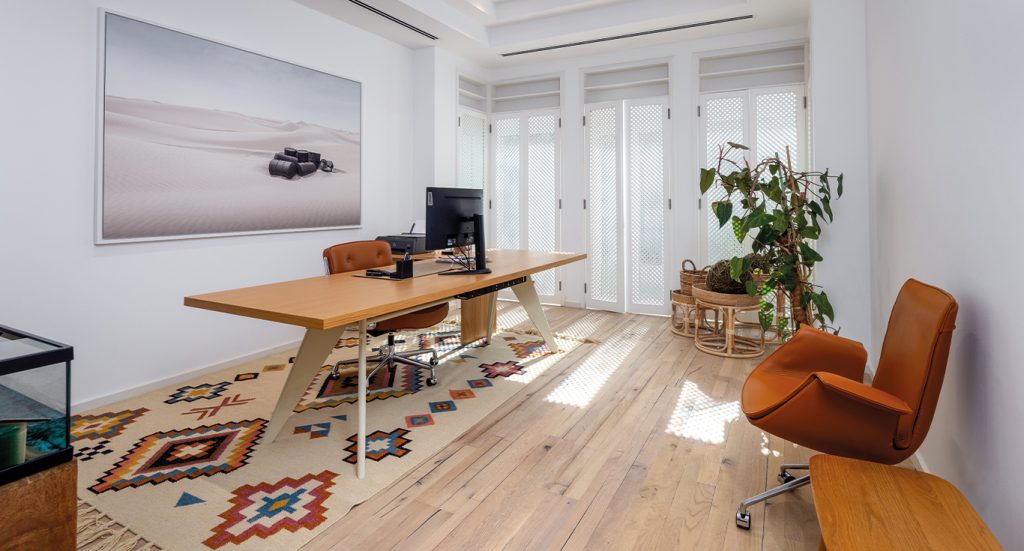 Oak Anziano engineered wood flooring installed in a Hattan villa home office, with clean alignment and natural light.