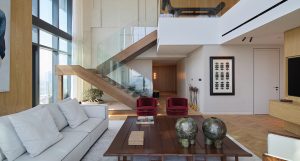 Chevron Studio Oak AB White flooring installation in a One Za’abeel duplex, maintaining continuity from floor to staircase