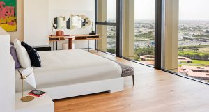 Business Bay penthouse featuring Oak Biscotti flooring with precise installation enhancing its clean, continuous look