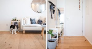 Oak Village boards with scattered wood knot markings balance the bright and minimal interior of this Goldcrest Views apartment.