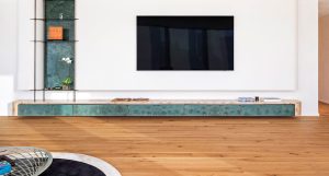Business Bay Penthouse wide plank wood flooring in the living area