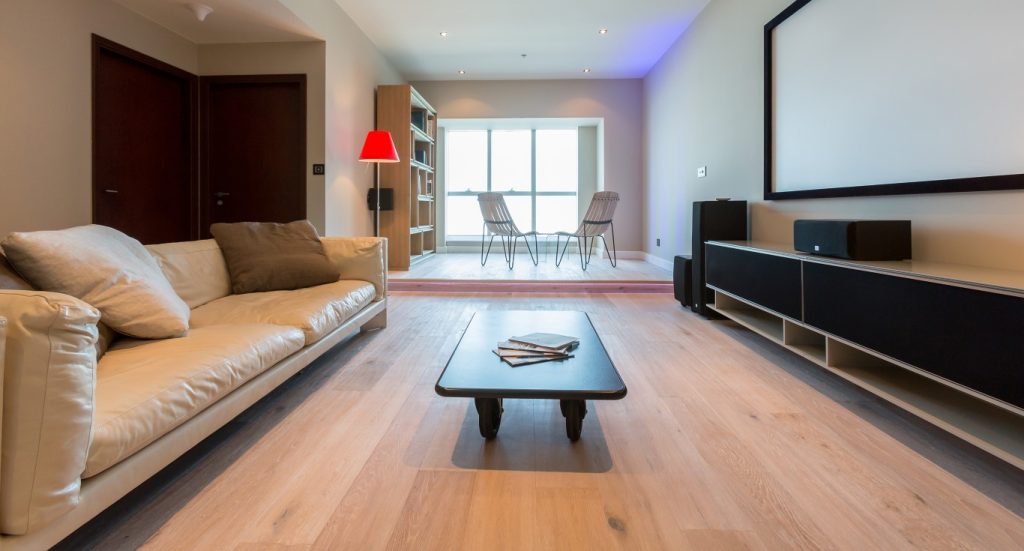 Oak Oyster flooring paired with specialist underlay, enhancing acoustic performance within this Elite Residence home.