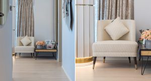 Light-toned hardwood flooring creating a bright and refined backdrop within this Marina Quays apartment. 
